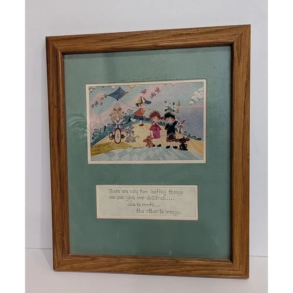 Vintage Framed Art 70s Roots and Wings Nursery Decor Children Kite Puppy Retro